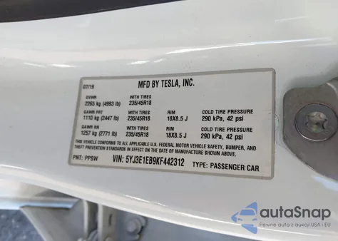 2019 Tesla Model 3 Long Range/Performance z USA, uszkodzony, nr VIN 5YJ3E1EB9KF442312